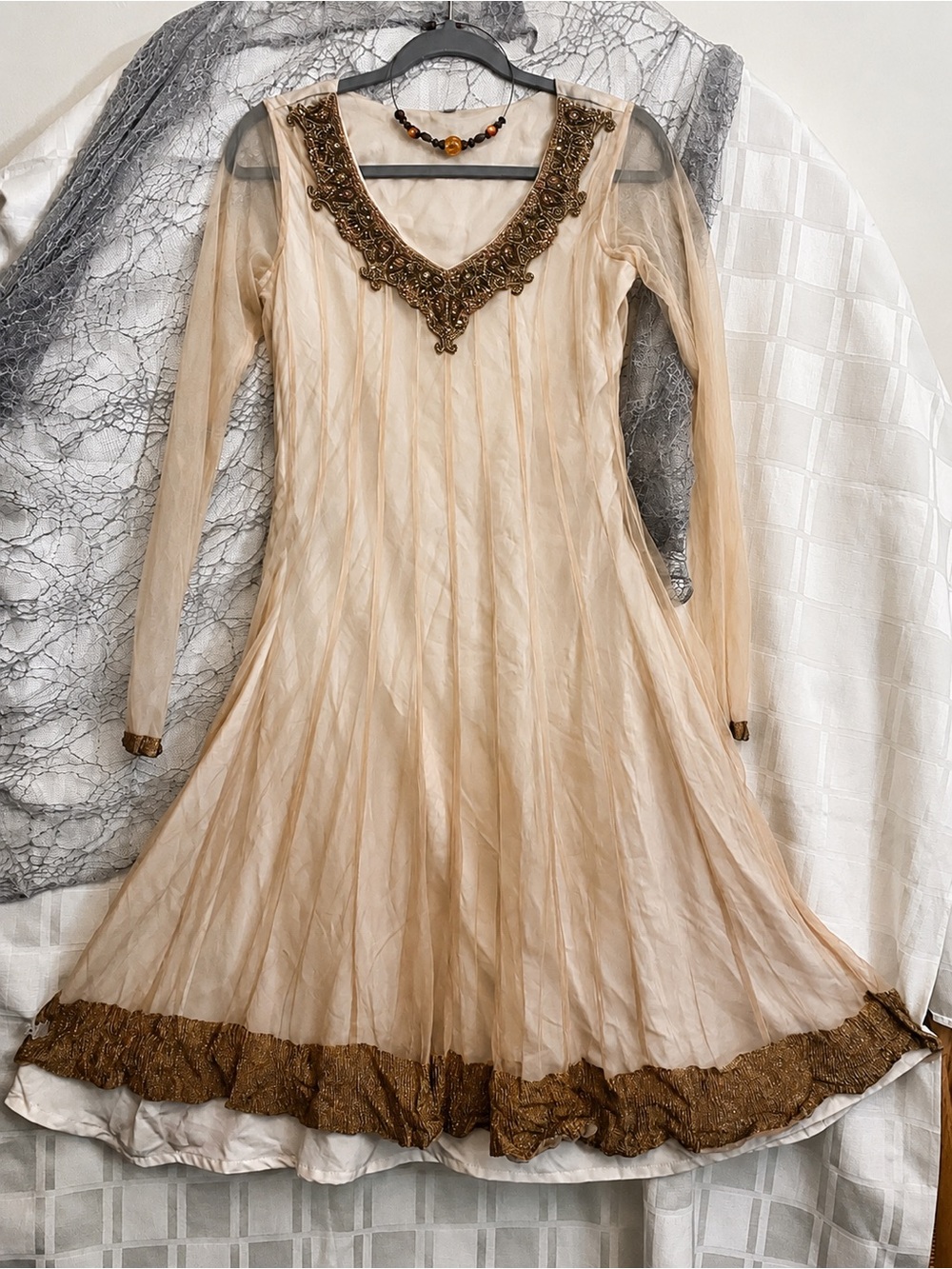 Embroidered V-Neck Long Sleeve Cream Dress with Gold Trim